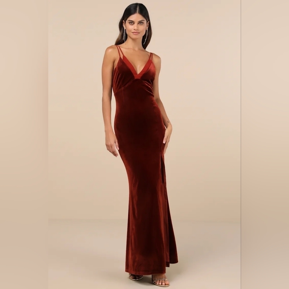 Lulus Immensely Glam Rust Velvet Backless Maxi Dress S Wedding Party Prom Formal - Picture 2 of 9